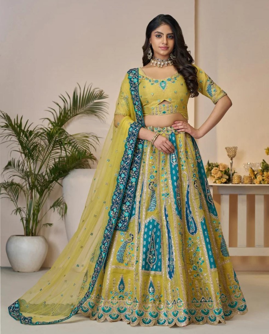 484yellow - Alluring Golden Sangeet Lehenga Choli with Bel Butti Pattern